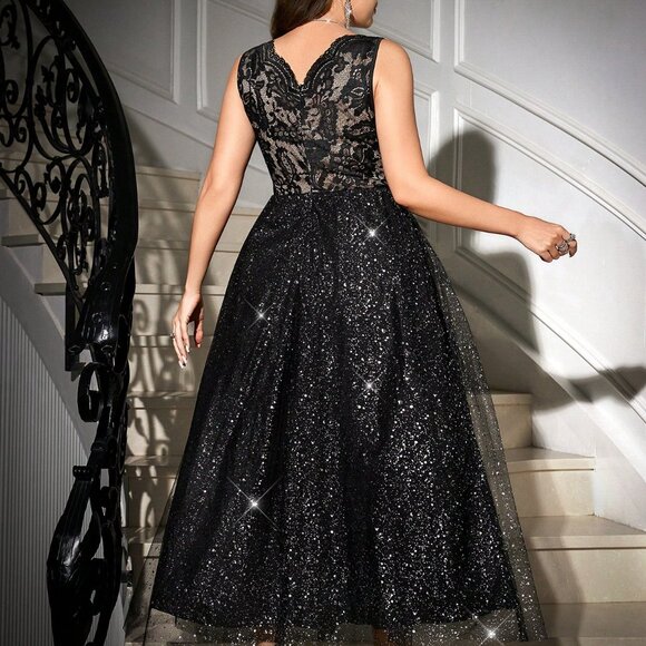 Black Romantic Sequined Plus Size A-Line Women's Party Dress - Picture 2 of 7